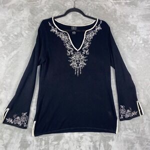 INC International Concepts Black Embroidered Knit Top Tunic L Boho Hippie